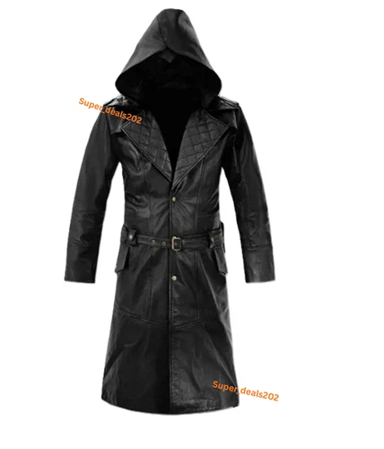 Mens Black Lambskin Leather Hooded Trench Coat Full Length Duster Overcoat Wears video thumbnail