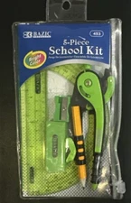 New BAZIC 5-PIECE SCHOOL KIT BRIGHT COLOR Green - Geometric- Ruler, Protractor