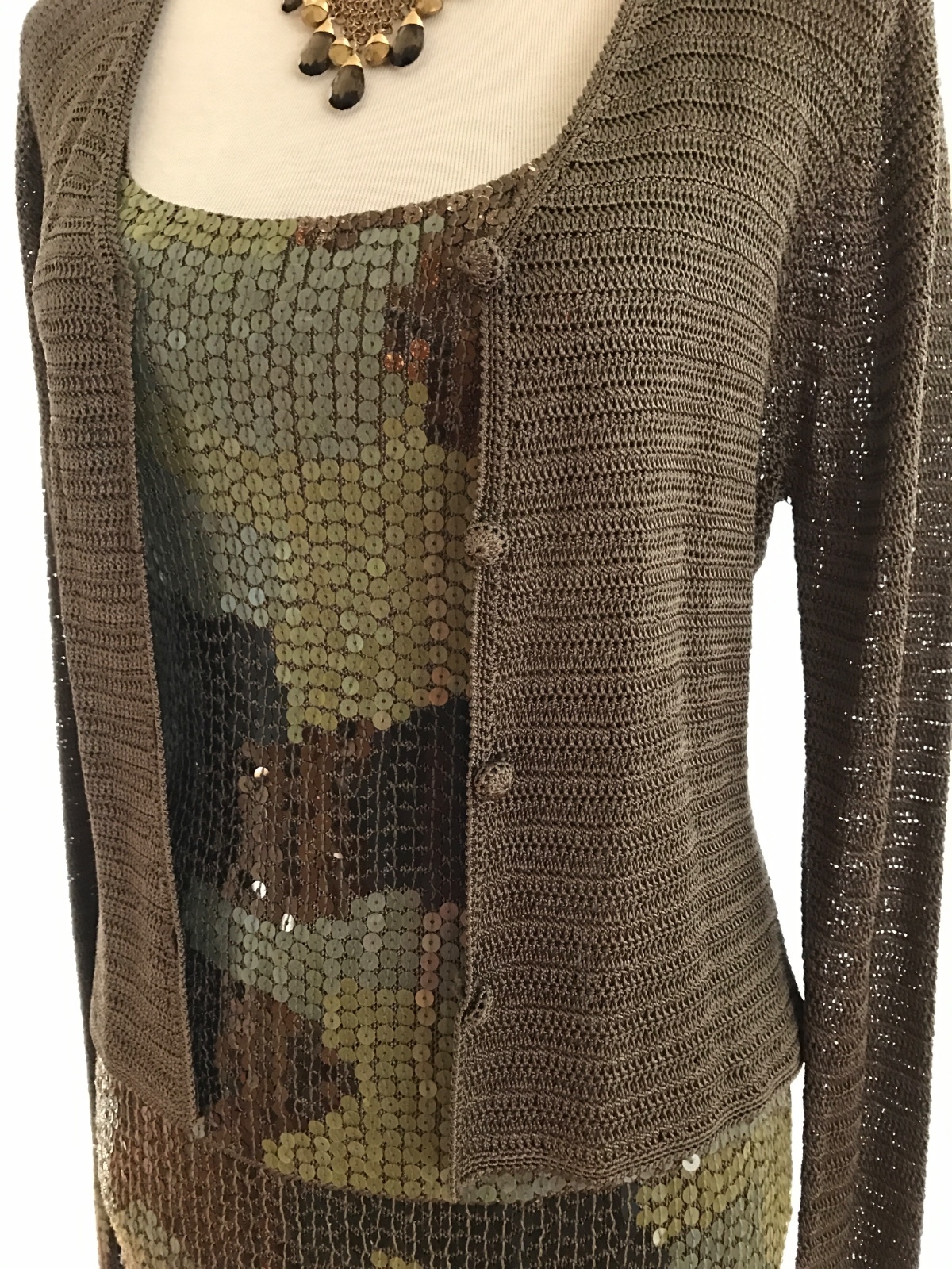 SUE WONG WOMEN'S RARE 3PC OUTFIT SET CAMO BRONZE/METALLIC CROCHET SEQUINED SZ M image 7