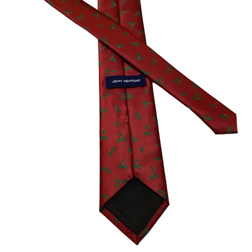 JOHN ASHFORD Men's Polyester Slim Necktie Designer CHRISTMAS HOLLY Red/Green EUC - Picture 3 of 3