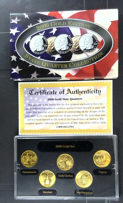 2000-D 24K Gold Plated Statehood Quarters - VA, SC, NH, MA, MD - Box & COA