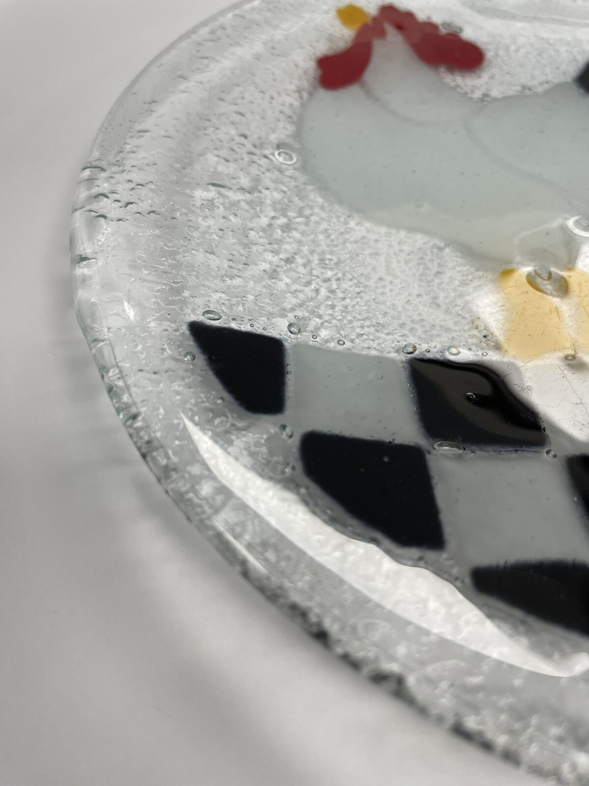 Peggy Karr Signed Fused Art Glass Rooster Checkered  7.75” Plate Mackenzie Style