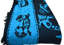PAREOS DEL CARIBE Tribal Wrap Shawl Sarong BLUE Fringe Ancient Hawaiian Beach