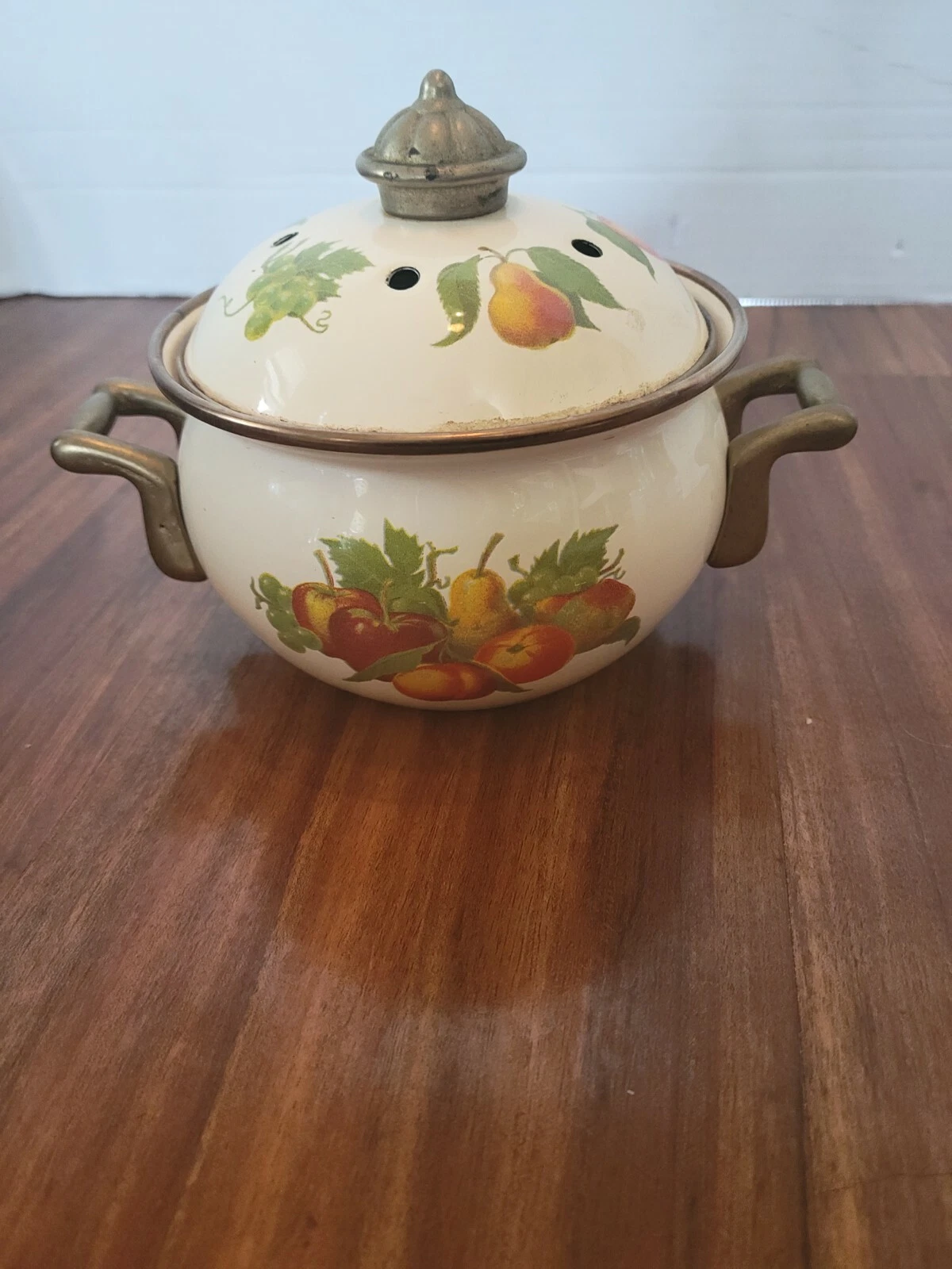 1970s Enamelware Tiny Stockpot - Lid with Steamvent Holes Fruit Pears Apples