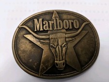 Vintage 1987 Marlboro Belt Buckle Solid Brass Philip Morris Longhorn Steer Star