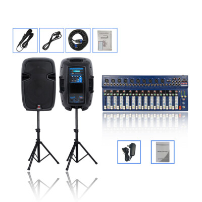 Dual 12'' Active Powered Speakers System Universal Adjustable Stands 14CH Mixer