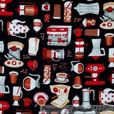 BonEful Fabric FQ Cotton Quilt Black Brown Coffee Shop Blender Cup Tea Bean Xmas