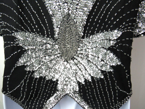 VTG 1980s SHOMAX BLACK SILK SILVER BEADED SEQUINED BUTTERFLY TOP ONE SIZE O/S - Picture 20 of 22