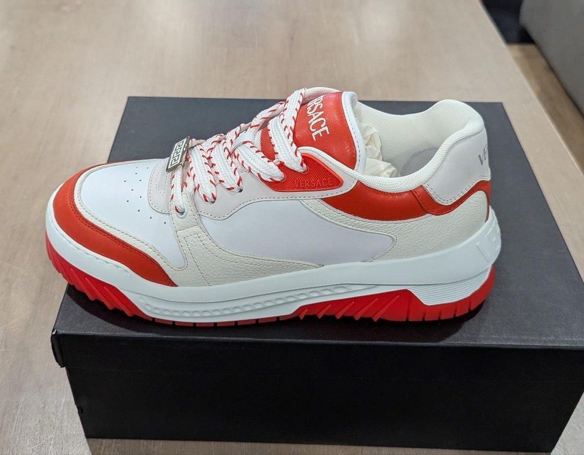 BNWT Versace Odissea Leather Low-Top Sneakers White/Coral Size 43.5 US 10.5 $925 $925 VERSACE Odissea Leather Low-Top Sneakers White/Coral 45  main image 3