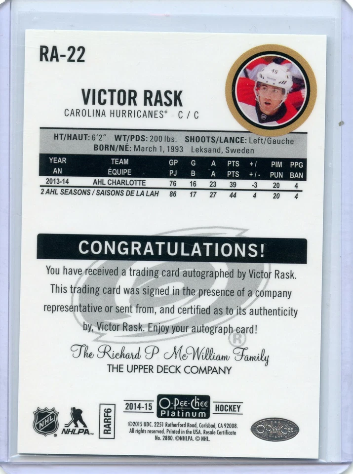  2014-15 O-Pee-Chee Platinum Rookie Autographs #RA-22 Victor Rask - Image 2 of 2