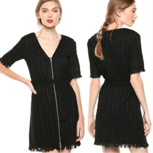 Bardot Boucle Tweed Zip Front Frayed Hem Dress Medium 8 Black
