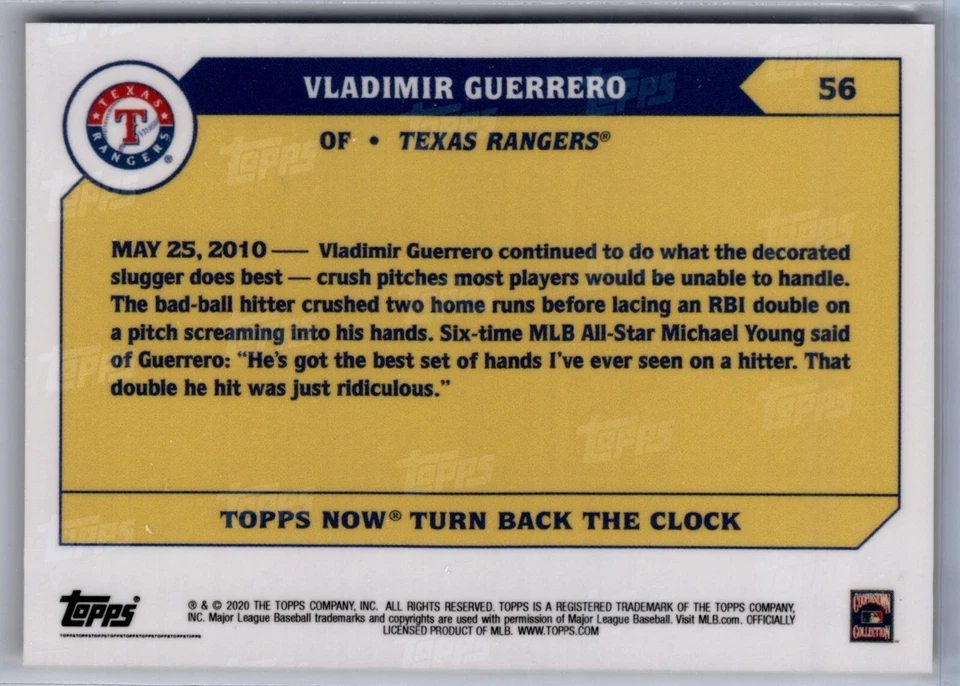 2020 Topps Now Turn Back the Clock #56 Vladimir Guerrero Texas Rangers - Image 2 of 2