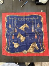 Italian Horse Equestrian Theme Poly Scarf Made In Italy Blue Red 25x27 Vintage