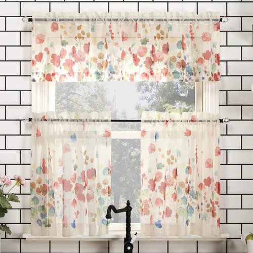 Rosalind Watercolor Floral Semi-Sheer Rod Pocket Kitchen Curtain Valance and ...