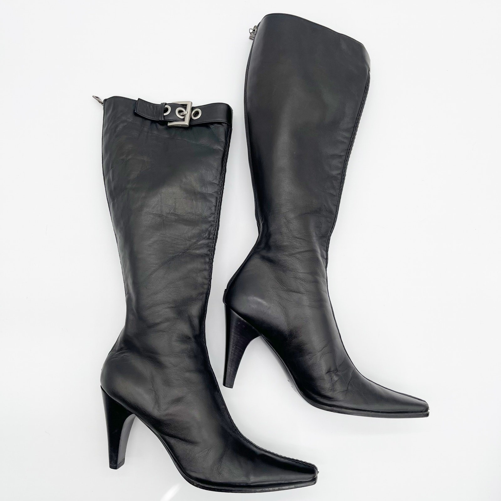 Vintage Prada Black Leather Square Toe Heeled Knee High Italian Boots 90s IT 36 thumbnail 3