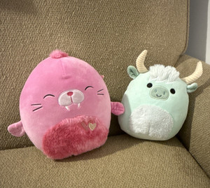 Squishmallows Lot of 2 Small Plush Stuffed Animals Pink Seal & Mint Bull