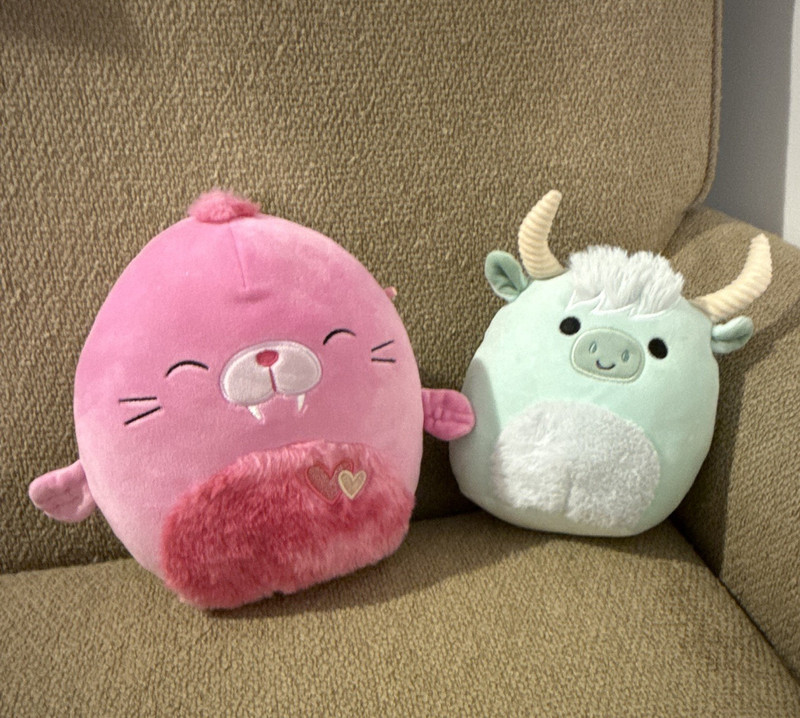 Squishmallows Lot of 2 Small Plush Stuffed Animals Pink Seal & Mint Bull