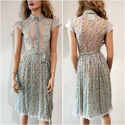 Dolce & Gabbana Vintage D&G Lace Trimmed Floral Mesh Silk Light Blue Dress IT44