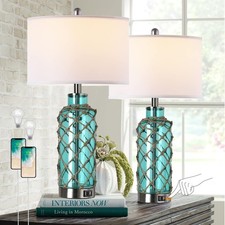 Cottage Nautical Accent Table Lamp Set of 2, Touch Control Coastal Blue Green...