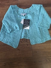 Attitudes by Renee Cropped Cardigan Women's Xl Aqua Boho Crocheted NWT