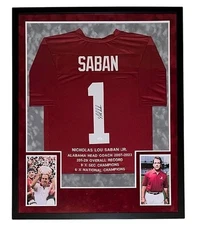 Nick Saban Signed 42x34 Alabama Crimson Tide Framed Stats Jersey JSA