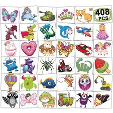 CHARLENT 408 PCS Individually Wrapped Temporary Tattoos for Kids - Mixed Tattoos