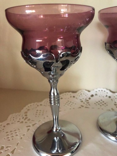 2 Vintage Morgantown Amerthyst Glass Chrome Cocktail Glasses Purple - Picture 2 of 4
