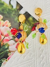 Christian Lacroix Vintage Navy Red Green Brown Glass Floral Leaf Drop Earrings