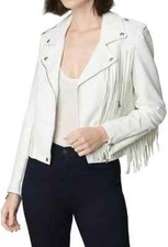 Women's White Lambskin Genuine Leather Western Style Fringe Jacket WLJ-154