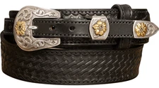 Black Basket Weave Western Ranger Belt With Floral Buckle Quality USA Handcrafte