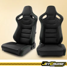 Universal Pair Reclinable Racing Seat Dual Slider PU Leather w/ Green Stitch
