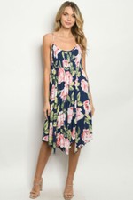Navy Blue Floral Spaghetti Strap Sundress Size Small Asymmetrical Hem Smocked 