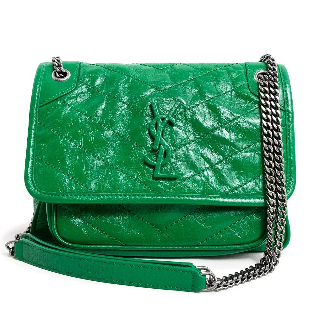 SAINT LAURENT Niki Borsa a tracolla con catena per bambini pelle di vitello vintage verde 633160