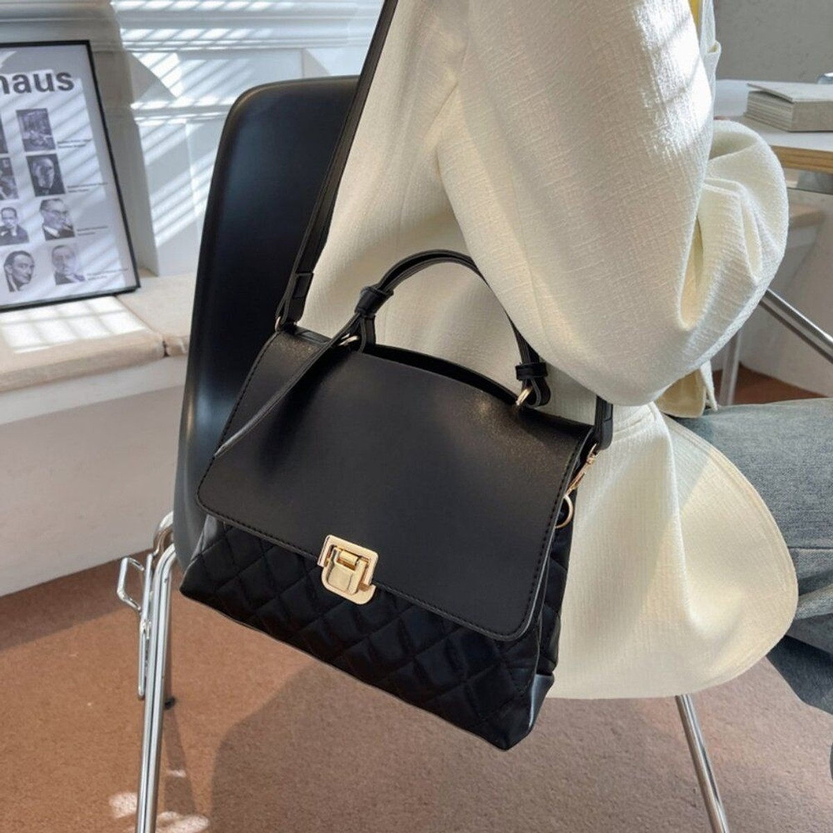 Black Classic Faux Leather Handbag, mini boutique chic purse