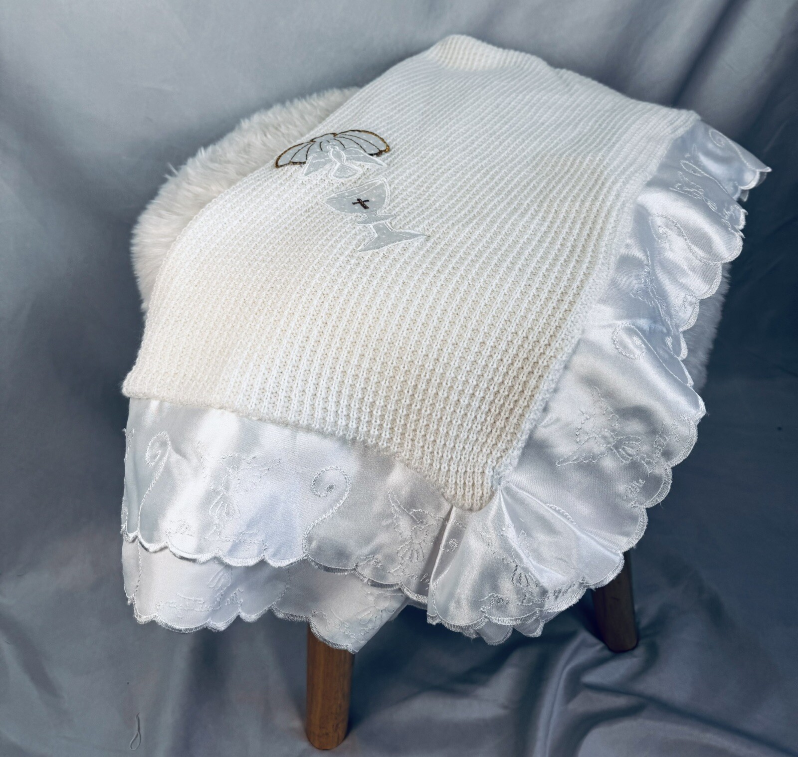 Vintage Baby Christening Baptism Shawl Blanket Ivory Off White Embroidered