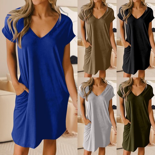 HOT BOHO Women Solid V Neck Summer Shirt Dress Ladies Loose Sundress Beach US