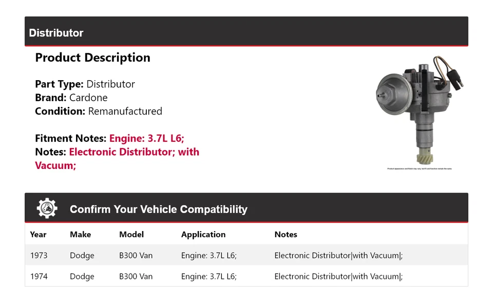 Para Dodge B300 1973-1974 furgoneta 3,7 L L6 distribuidor Cardone Foto 2 de 4