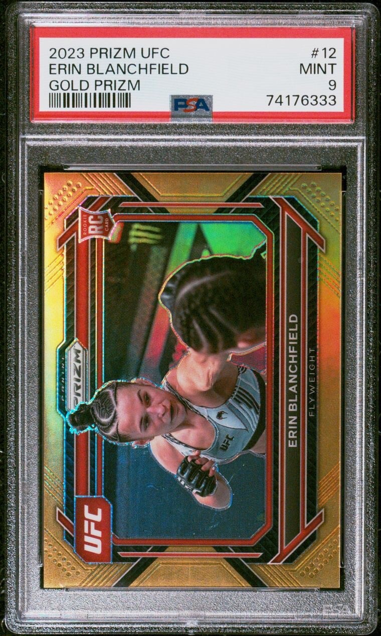 2023 Panini Prizm UFC Erin Blanchfield #12 Gold Prizm Rookie RC #1/10 PSA 9