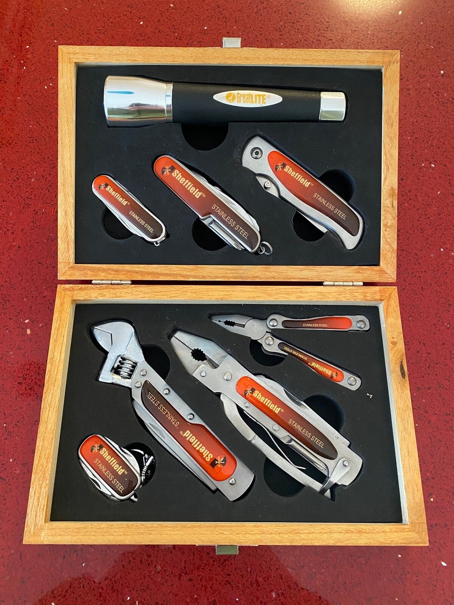 Sheffield Stainless-Steel 8-Piece Folding Multi-Tool Set in Wood Box