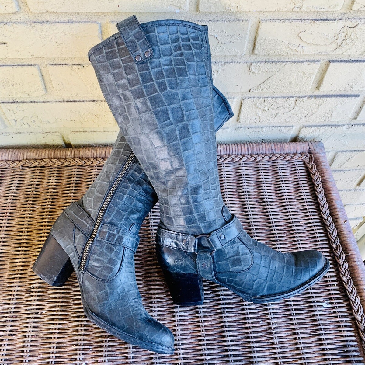 Born Shoes Women's Gray Croc Embossed Leather Heeled Mid Calf