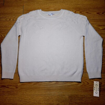 NANETTE LEPORE Women s Embroidered Crewneck Sweater With Pearls Large Pale Blush