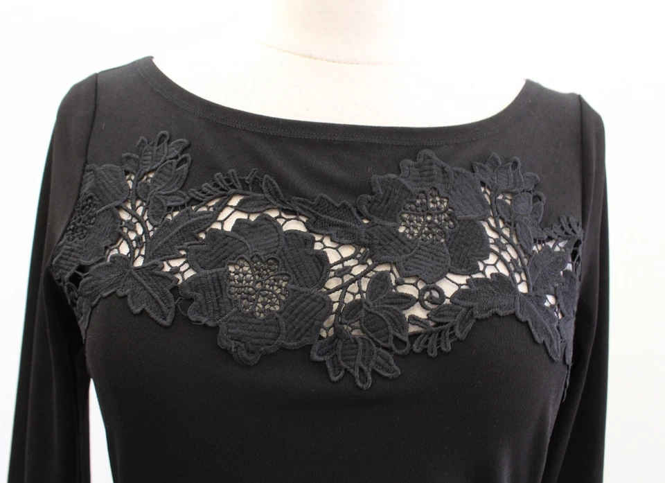 Vestido T Tahari Negro Sólido Jersey Acanalado Floral Encaje Recortado Talla 2 Carrera Foto 4 de 4