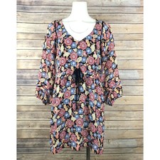 BCBGeneration Floral Tunic Dress M Multicolor 3/4 Sleeve Pleated Waist Tie Boho