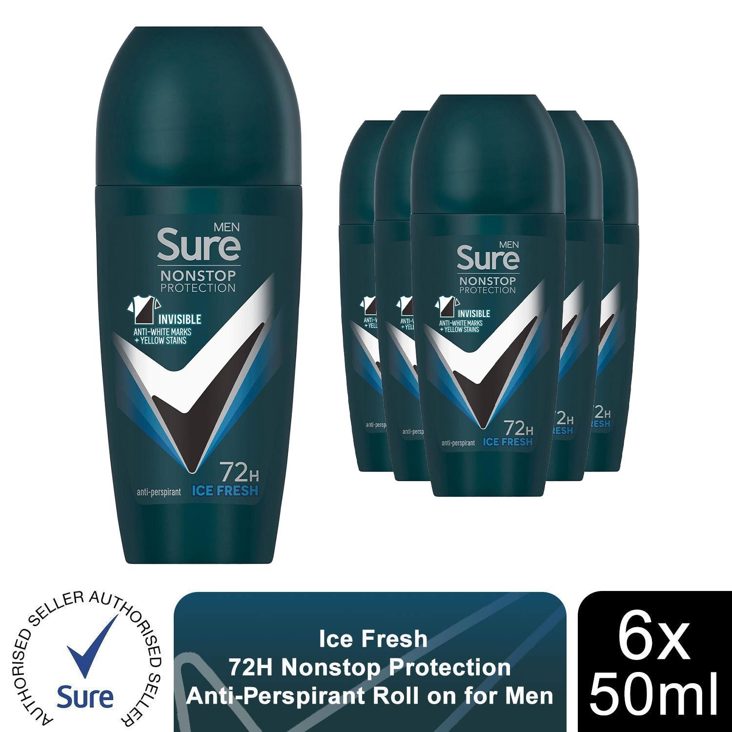 Sure Men Anti-Perspirant Roll On 72H Nonstop Protection Ice Fresh 50ml, 6 Pack