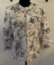 ALFRED DUNNER Blazer Jacket Women s Size 12 Cotton Beige Gray Floral Open Front