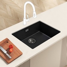 JASSFERRY Black Composite Quartz Kitchen Sink Undermount 1.0 Deep Bowl 575x465mm