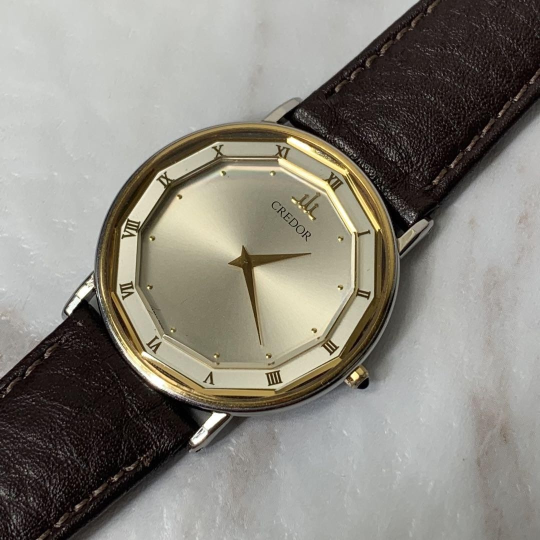 Vintage SEIKO Credor 2F70 0290 18K Roman Dial Leather Watch Onyx