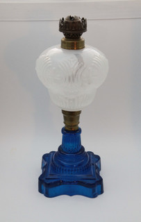 Antique Plume And Atwood Hornet Burner Cobalt Blue & White Opalescent Oil Lamp