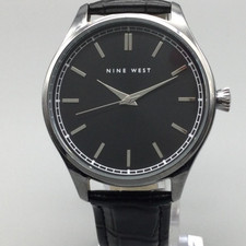 Nine West Watch Men 42mm Silver Tone Black Leather Strap Classic Tag