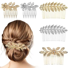 5PCS Leaf Hair Combs for Women Accessories Gold Silver Rhinestone Small 
